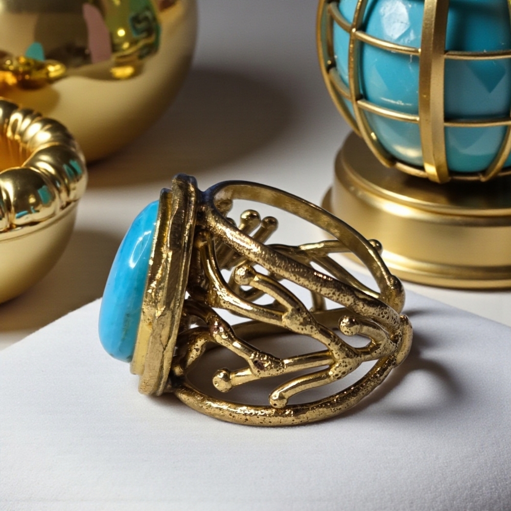 18k Gold Plated Artisan Genuine Turquoise Flower Branch Wide Band Ring - Picture 2 of 6